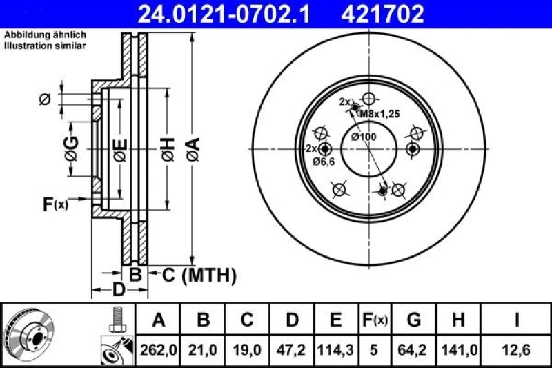 Image of ATE 24.0121-0702.1 Brake disc Vented, Coated, with bolts/screws Brake Disc (82)