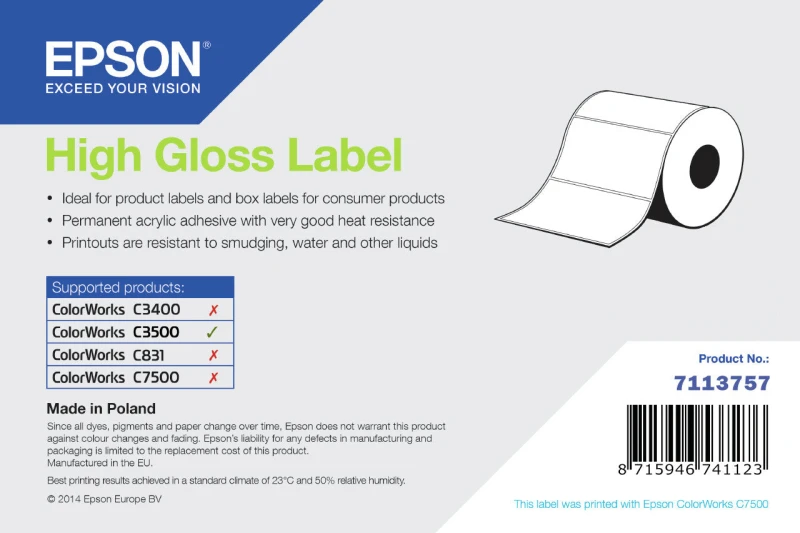 Image of Epson 7113757 High Gloss White Die-Cut Label Roll 76mm x 127mm - 250 Labels (Original)
