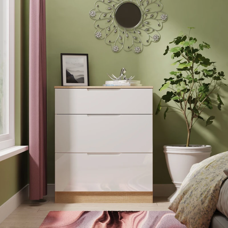 Image of Welcome Furniture Ready Assembled Milan 3 Drawer Deep Chest In White Gloss & Bardolino Oak, White MIL049WGBO