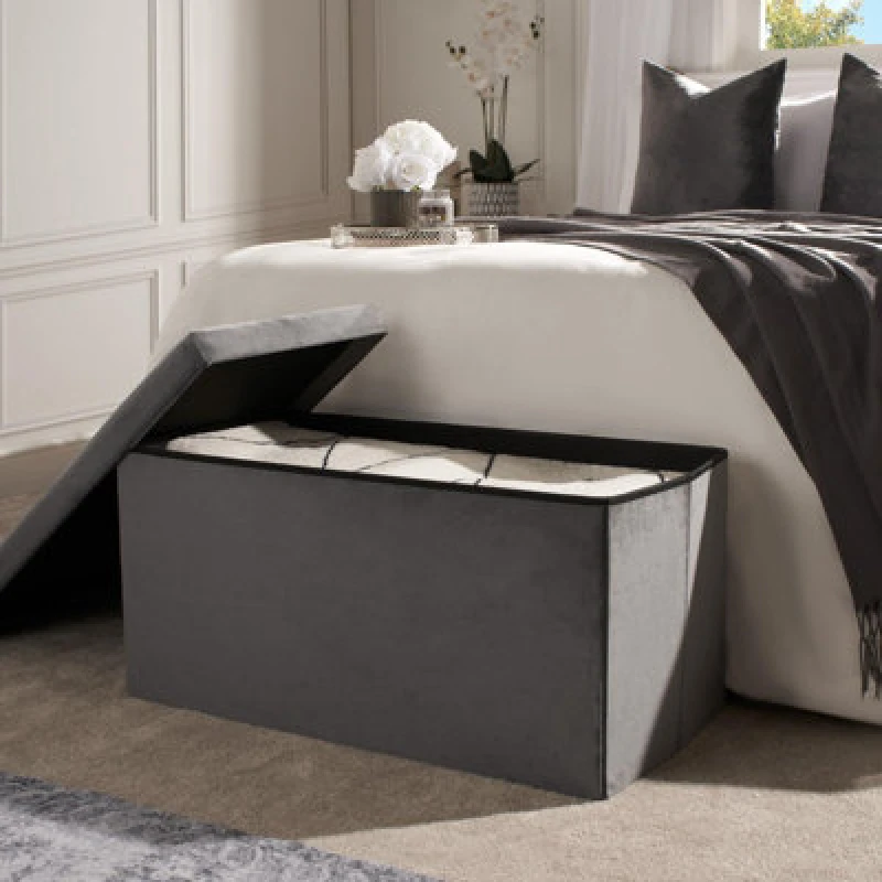Image of OHS OHS Folding Ottoman Storage Box Footstool Tub Space Saving Velvet Seat in Charcoal Charcoal One Size Unisex 5027434165971