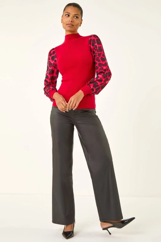 Image of Roman Womens Animal Print Mesh Sleeve Knit in Red Size: 14 Red Female 14