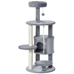 Image of PawHut Cat Tree Tower 112cm Climbing Kitten Activity Center with Jute Scratching Post Perch Hanging Ball Toy Teasing Rope Dark grey