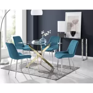 Image of Furniturebox Leonardo 120cm Modern Glass And Gold Metal Leg Dining Table And 4 Blue Pesaro Velvet Silver Chrome Leg Dining Chairs