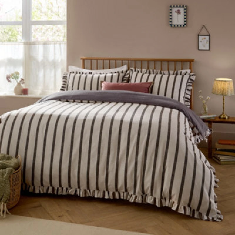Image of Wylder Connie Striped Ruffle Duvet Cover Set, Chocolate, Single
