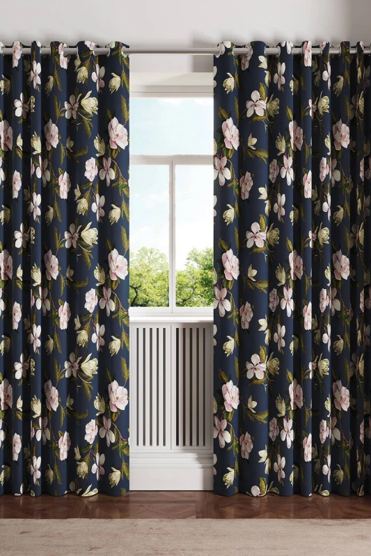 Image of Ted Baker 'Opal Floral' Cotton Lined Curtains in Navy Size: 228cm width x 183cm drop Navy Unisex 228cm width x 183cm drop