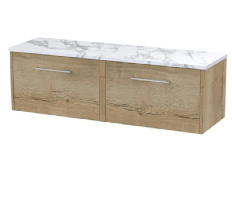 Image of Nuie Hudson Reed Juno Wall Hung 2-Drawer Vanity Unit & Carrera Marble Worktop, Sleek Countertop Basin Unit In Autumn Oak, 1200mm
