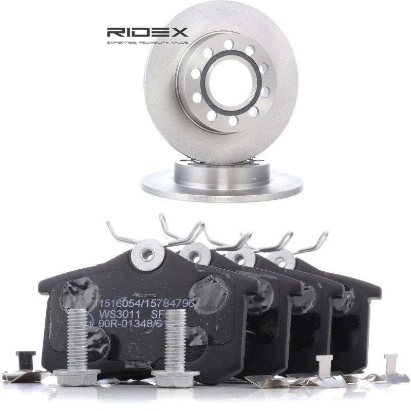 Image of RIDEX 3405B3405 Brake disc and pads set Rear Axle, Brake Disc Type: Solid, excl. wear warning contact Brake Set,disc brakes (3405)