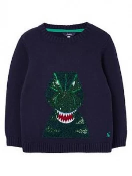 image of Joules Boys Burford Dino Knitted Jumper - Navy, Size Age: 4 Years