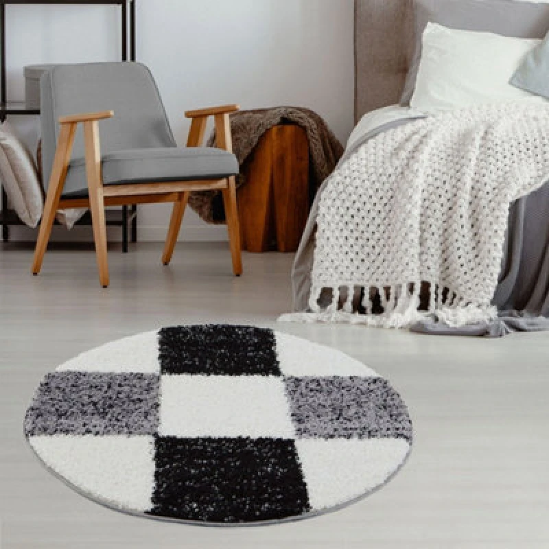 Image of THE RUGS Fluffy & Soft Shaggy Rugs Living Room Rug in Grey - Elegant Geometric Design Carpets For Bedrooms & Kitchen 381 Size: 120cm diameter Gre