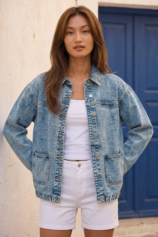 Image of Roman Womens Denim Button Front Pocket Jacket in Blue Size: 16 Blue Female 16