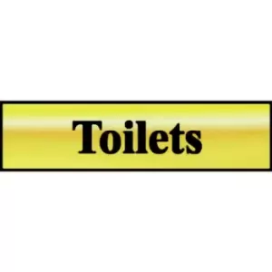 Image of Toilets with Disabled Wheelchair Graphic Sign - Polished Gold & Black Effect Laminate with Self-Adhesive Backing - 200 x 50mm