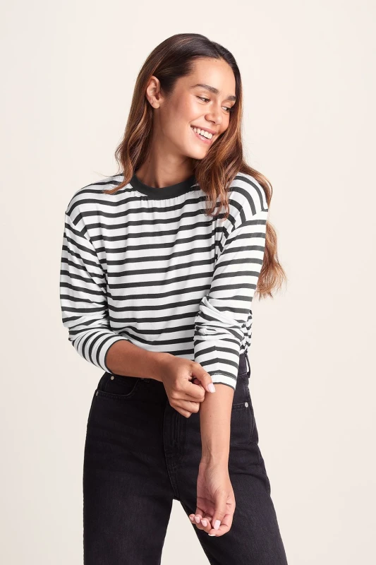 Image of TOG24 Womens 'Kitty' Long Sleeve Striped T-Shirt in Black Size: 8 Black Female 8