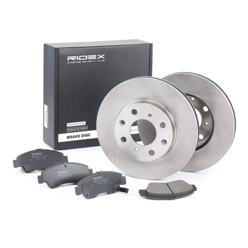 Image of RIDEX 3405B0150 Brake disc and pads set Front Axle, Brake Disc Type: Vented, with acoustic wear warning Brake Set,disc brakes (3405)