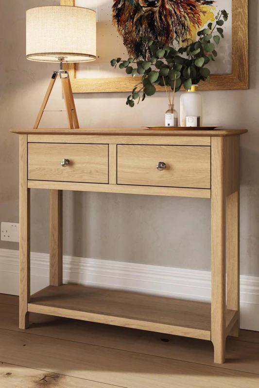 Image of FWStyle Solid Oak 2 Drawer Console Table Natural Oak Large Brown