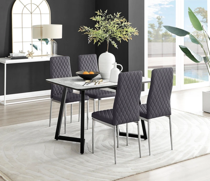 Image of FurnitureboxUK FurnitureboxUK Carson White Marble Effect Dining Table & 4 Velvet Milan Chairs in Grey Grey One Size Unisex 5056657144883