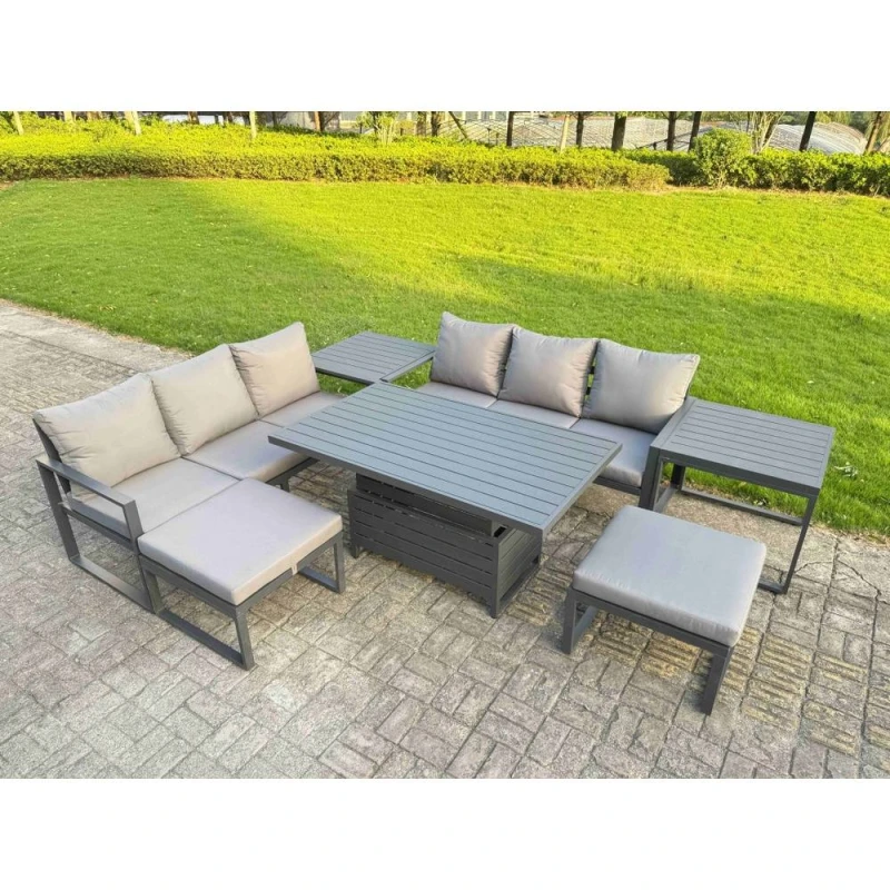 Image of Fimous 7 Pieces Garden Furniture Set Aluminium Adjustable Rising Lifting Dining Table And Sofa Set With 2 Side Tables
