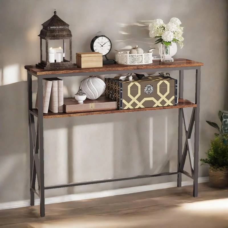 Image of Rafaelo Mobilia Industrial Console Table With 2 Shelves Rustic Brown in Dark Brown Dark Brown Unisex