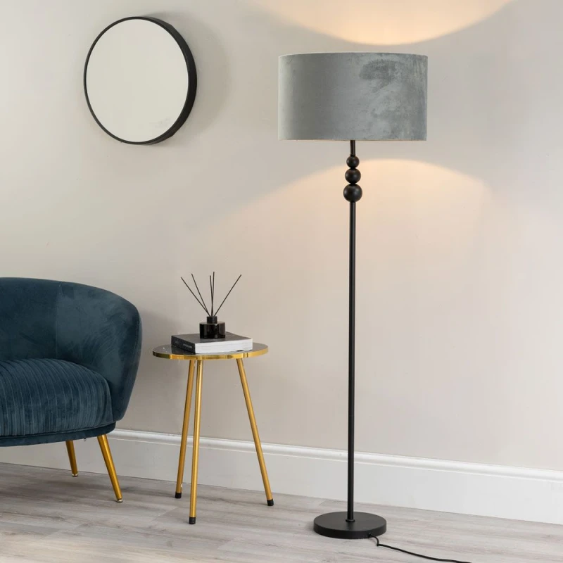 Image of ValueLights Marissa Velvet Drum Shade with Black Stacked Ball Floor Lamp Grey
