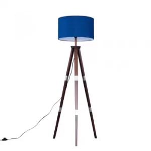 Image of Willow Dark Wood Tripod Floor Lamp with XL Navy Blue Reni Shade