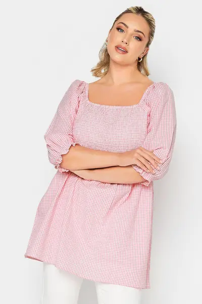 Image of Yours Gingham Print Square Neck Shirred Top - Pink, Size 20, Women Pink VJGZZ Female 20