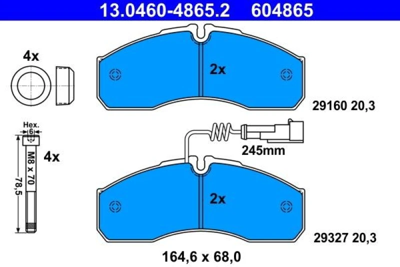 Image of ATE 13.0460-4865.2 Brake pad set with integrated wear warning contact, with accessories, with brake caliper screws Brake Pad Set,disc brake (402)