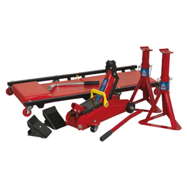 image of Sealey Lifting Kit 5pc 2 Tonne (Inc Jack, Axle Stands, Creeper, Chocks & Wrench)