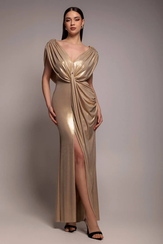 Image of Goddiva Womens Cowl Plunge Draped Foil Maxi Dress in Gold Size: 6 Gold Female 6