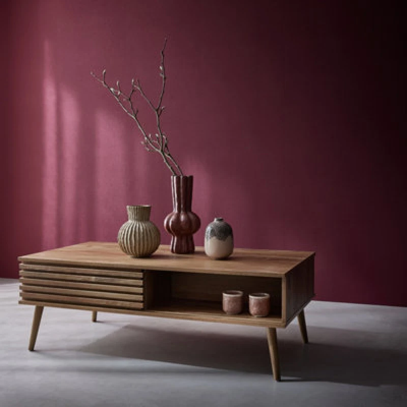 Image of Sweeek - Scandi-Style Coffee Table With Wooden Grooved Effect Madere Natural 59X119X41.5 Cm