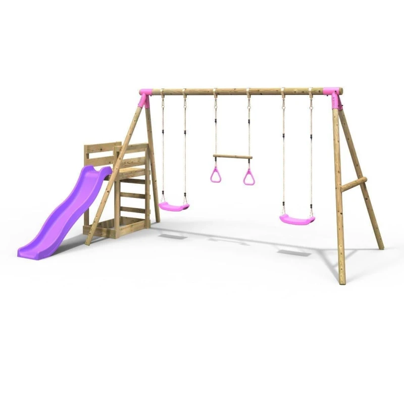 Image of OutdoorToys Wooden Triple Garden Swing Set with Trapeze Bar & Slide for Kids - Comet Pink Pink Unisex
