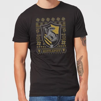 Image of Harry Potter Hufflepuff Crest Mens Christmas T-Shirt - Black - 3XL - Black