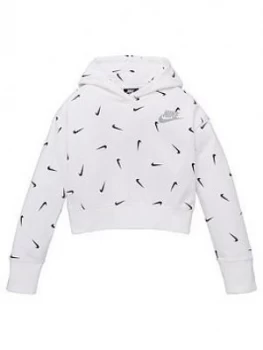 Image of Nike Girls Nsw All Over Print Crop Ft Hoodie - White Black