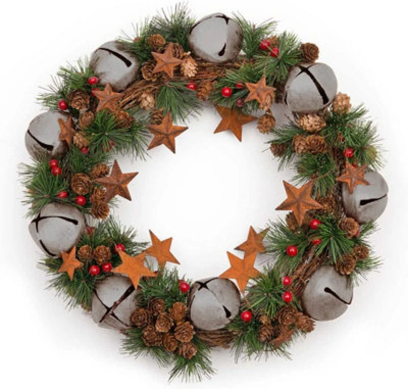 Image of Shatchi 40cm Bells Starsand Pine Green Christmas Wreath Silver