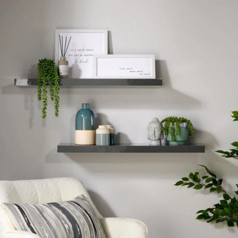 Image of Home Source Cloud Pair Of 80Cm Gloss Floating Wall Shelves Grey