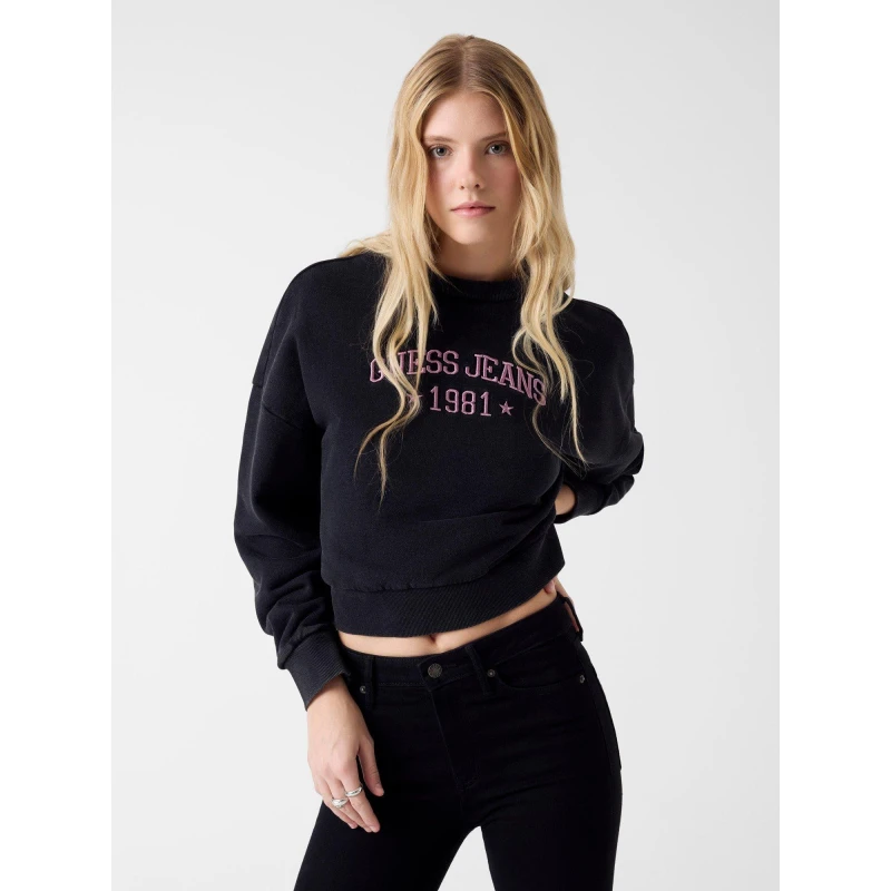 Image of Guess Womens Star Cropped Crew Sweatshirt Jet Black female 10 (S)