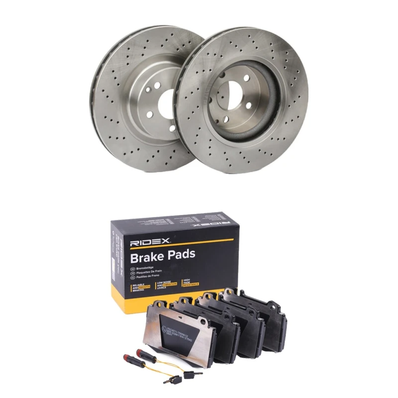 Image of RIDEX 3405B2748 Brake disc and pads set Front Axle, Brake Disc Type: perforated/vented, incl. wear warning contact Brake Set,disc brakes (3405)