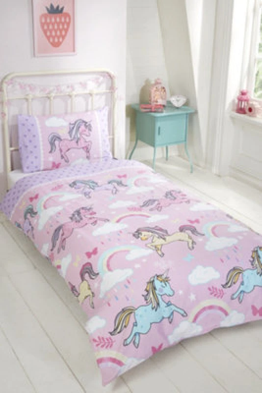 Image of Rapport Home Unicorns Polycotton Duvet Set With Pillowcase Light Pink