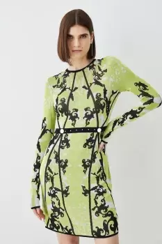 Image of Embellished Slinky Jacquard Knitted Mini Dress