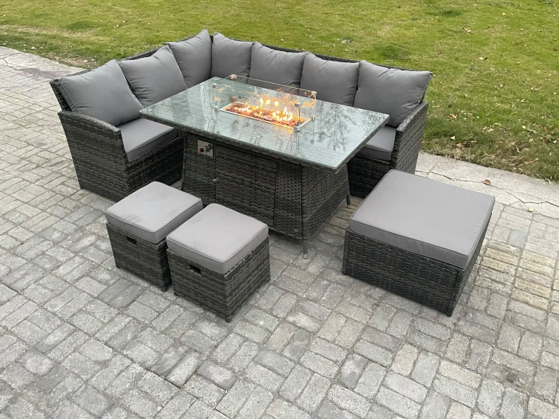 Image of Fimous Rattan Garden Furniture High Back Corner Sofa Gas Fire Pit Dining Table Sets Gas Heater with 3 Footstools 9 Seater Dark Grey