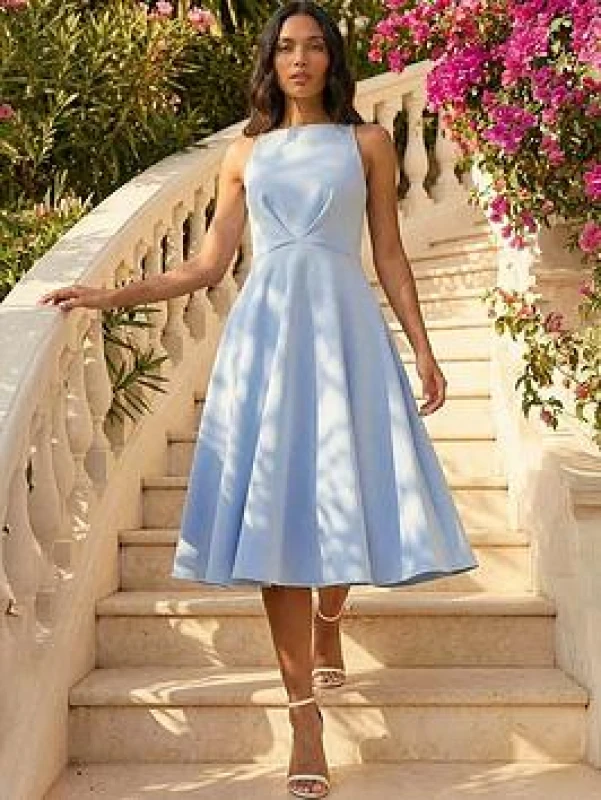 Image of Roman Womens Twist Front Prom Midi Dress in Light Blue Size: 16 Light Blue Female 16