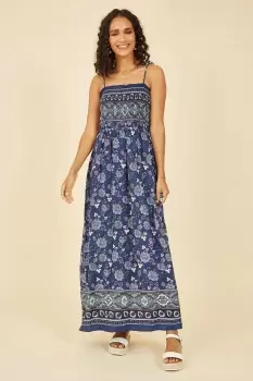 Navy Border Floral Print Shirred Maxi Dress