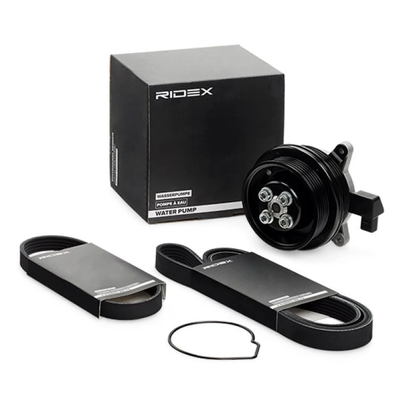 Image of RIDEX 4172P0085 Water Pump + V-Ribbed Belt Kit with gasket/seal, with belt Water Pump + V-Ribbed Belt Kit (4172)