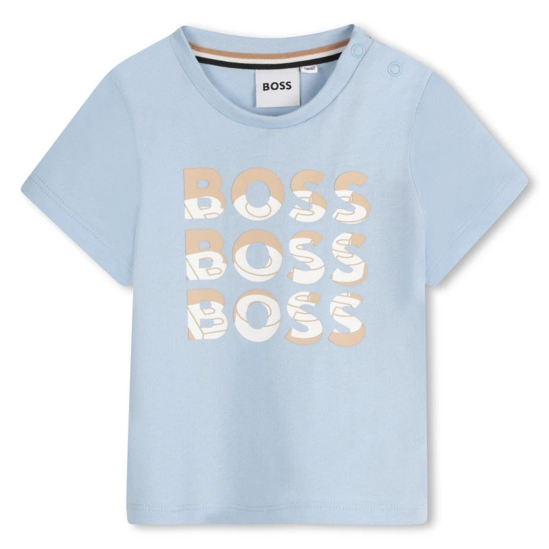 Image of Boss Kids Multi Logo Soft Fabric T-Shirt Prsn Blue 887 male 9 Mnth
