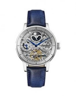 Image of Ingersoll Ingersoll The Jazz Silver Skeleton Moonphase Automatic Dial Blue Leather Strap Watch