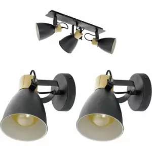 image of Ceiling Spot Light & 2x Matching Wall Lights Black & Wood Adjustable Shade