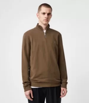 Image of AllSaints Mens Raven Half Zip Funnel Sweatshirt, Totem Brown, Size: XXL