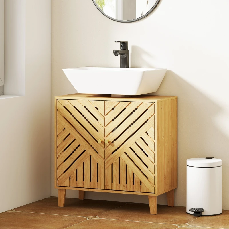 Image of HOMCOM HOMCOM Bamboo Bathroom Under Sink Cabinet with Adjustable Shelf, Natural Natural One Size Unisex 5063603976269