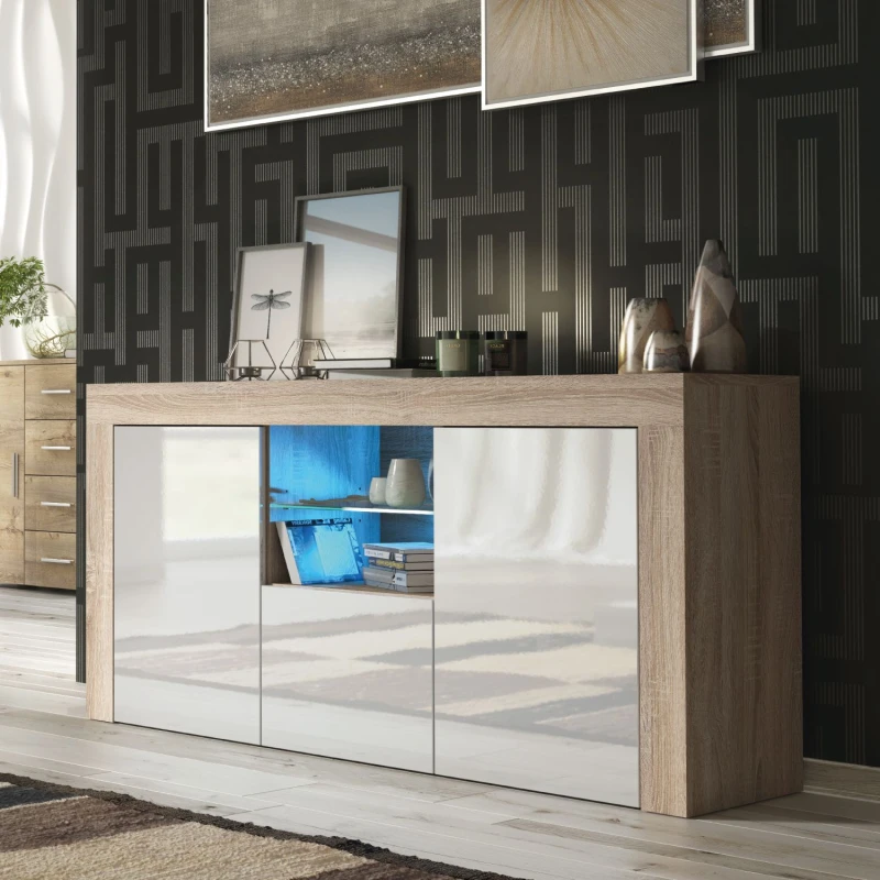Image of Mex Furniture LTD Sideboard with LED Lighting & Gloss Doors / 145cm Light Oak