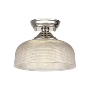 image of Luminosa Talisa Flush Ceiling Lamp E27 With Round 26.5cm Prismatic Effect Glass Shade Polished Nickel, Clear