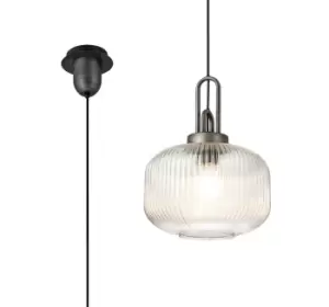 Image of 1 Light Pendant E27 30cm Pumpkin Shaped Ribbed Glass, Clear Black, Aged Pewter