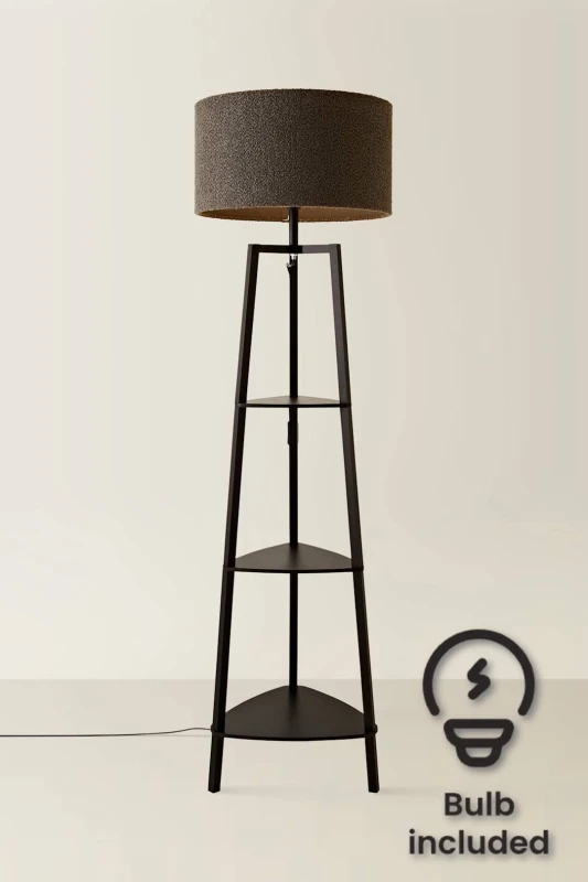 Image of ValueLights ValueLights Hiru Black 3 Tier Shelf Floor Lamp with Boucle Shade and Bulb in Charcoal Charcoal One Size Unisex 5059406036095